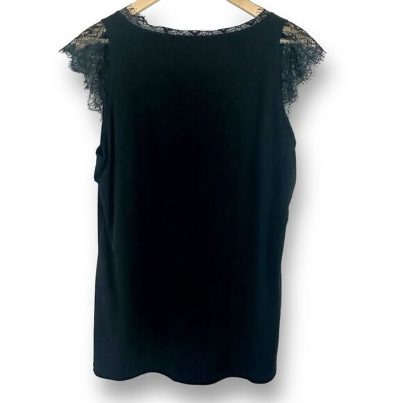 Boutique Women's L Lace Trim Flutter Sleeve VNeck Top Black Sophisticated Basic - Picture 2 of 9